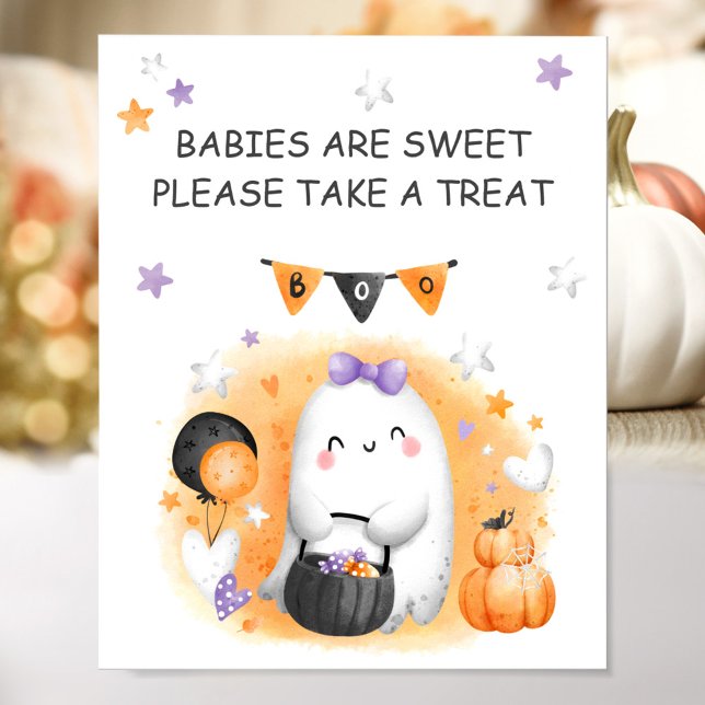 Póster Chica de Halloween Baby Shower Pequeño Rótulo de F (Halloween Girl Baby Shower Little Ghost Favor Sign)