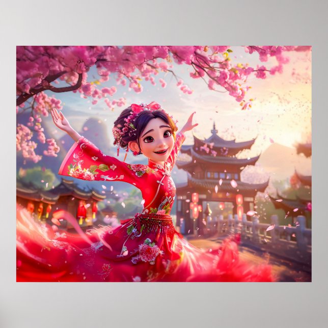 Póster Chica de historietas bailando con flores de cerezo (Frente)