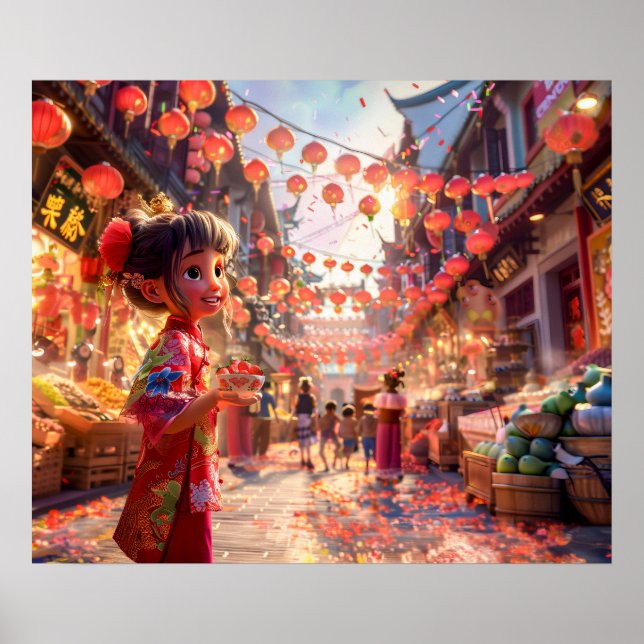 Póster Chica de historietas con tazón de porcelana de fre (Frente)