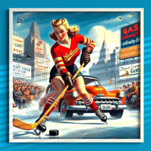 Póster Chica de hockey vintage