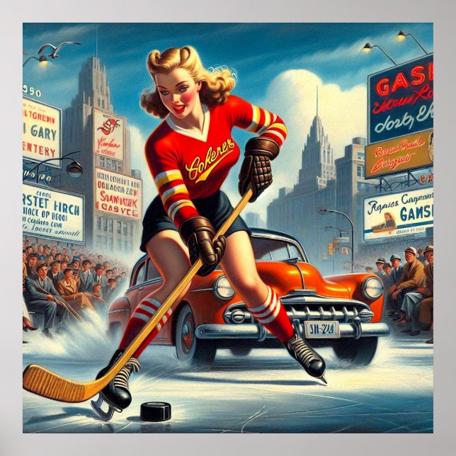Póster Chica de hockey vintage (Frente)