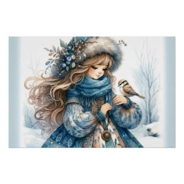 Póster Chica de invierno con pájaro en Abrigo Floral Azul