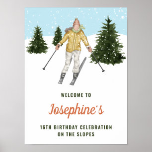 Póster Chica de Invierno Esquí en Pista Esquí Cumpleaños