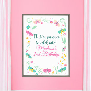 Póster Chica de jardín de mariposas pastel blanco Bienven