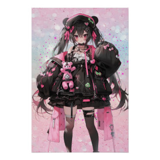 Póster Chica de Kawaii Anime con vestido rosa y negro