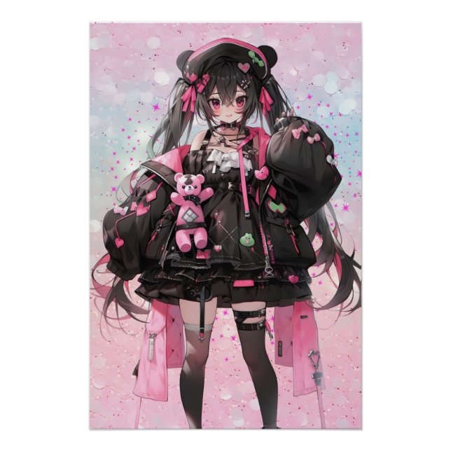Póster Chica de Kawaii Anime con vestido rosa y negro (Anverso)