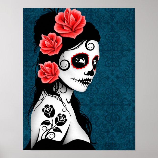 Póster Chica de la Calavera del Azúcar Muerto - Azul (Frente)
