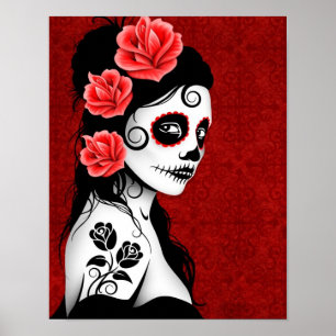 Póster Chica de la Calavera del Azúcar Muerto - rojo