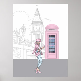 Póster Chica de la ciudad de Londres con papel de lienzo 