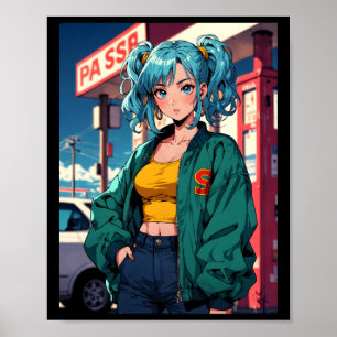 Póster Chica de la estación de servicio de anime retro mo