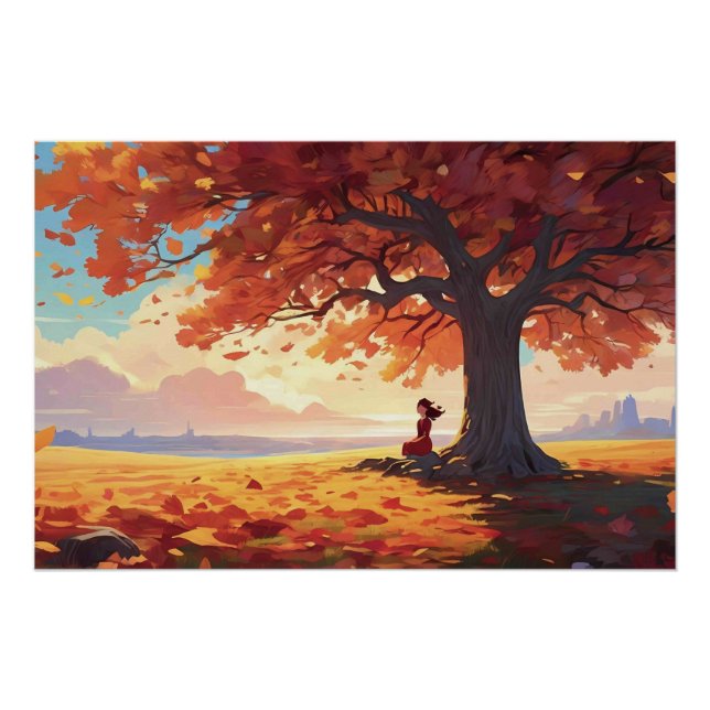 Póster Chica de la oración del árbol de otoño (Anverso)