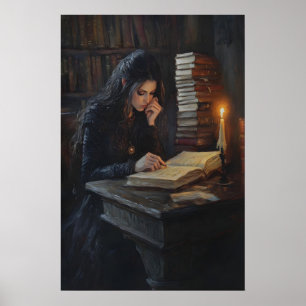 Póster Chica de la oscura academia leyendo en una bibliot