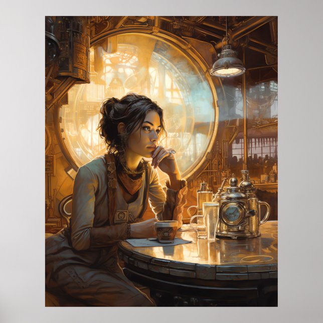 Póster Chica de la Tienda de Café Steampunk (Frente)