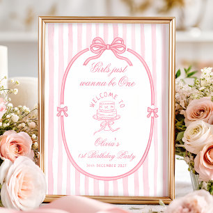 Póster Chica de lazo rosa bienvenida al 1er cumpleaños