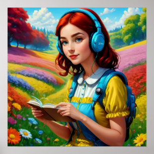 Póster Chica de lectura con audífonos paisaje colorido