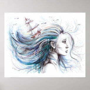Póster Chica de los océanos Pintura surrealista náutica a