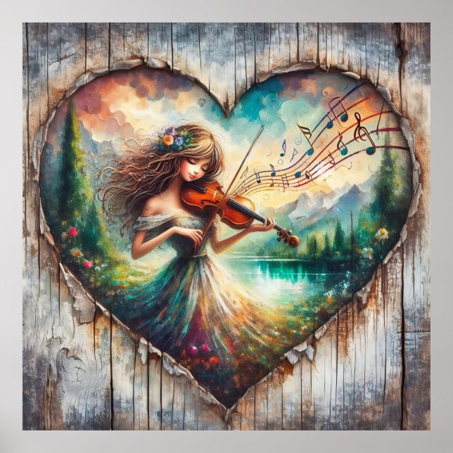 Póster Chica de madera rústica tocando música de violín (Frente)