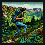 Póster Chica de mochila Senderismo por el sendero<br><div class="desc">Una mujer con mochila recorre la A.T. o una de las rutas de senderismo por las montañas y los bosques. Ai arte hecho en un estilo de arte pop de historietas.</div>