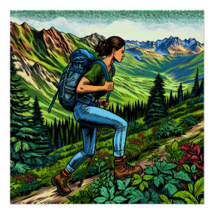 Póster Chica de mochila Senderismo por el sendero