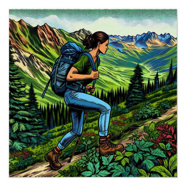 Póster Chica de mochila Senderismo por el sendero (Anverso)