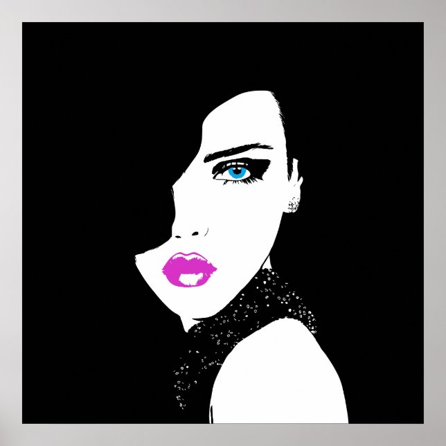 Póster Chica de moda azul rosado negro (Frente)