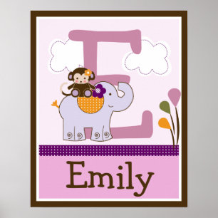Póster Chica de mono y elefante letra y nombre Poster de