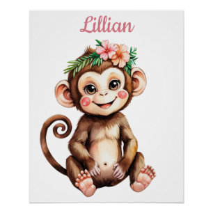 Póster Chica de nombre personalizado Nursery Baby Monkey