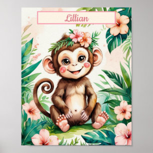 Póster Chica de nombre personalizado Nursery Baby Monkey