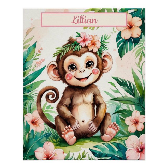 Póster Chica de nombre personalizado Nursery Baby Monkey (Anverso)