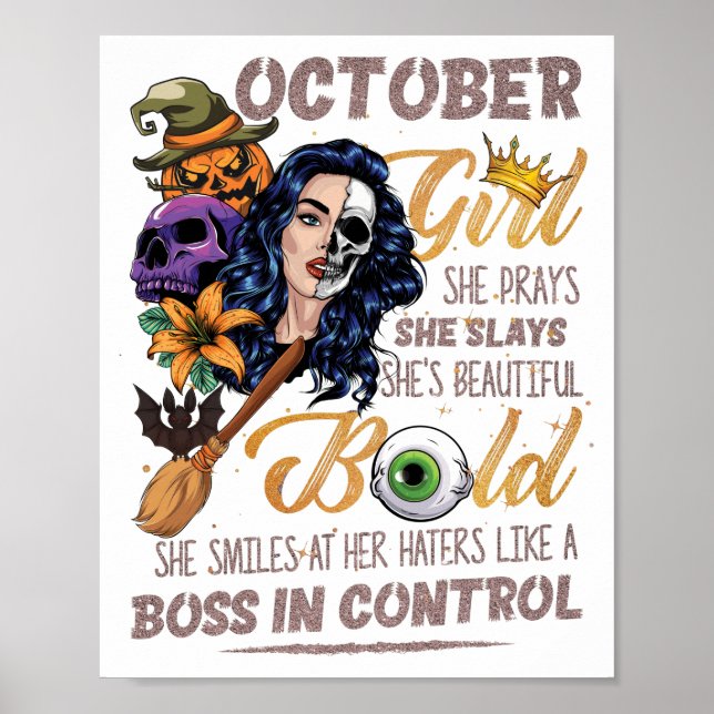 Póster Chica de octubre Libra Birthday Halloween Skeleton (Frente)