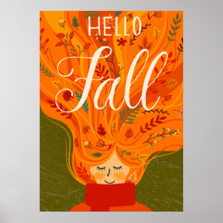 Póster Chica de otoño pelo rojo, hojas