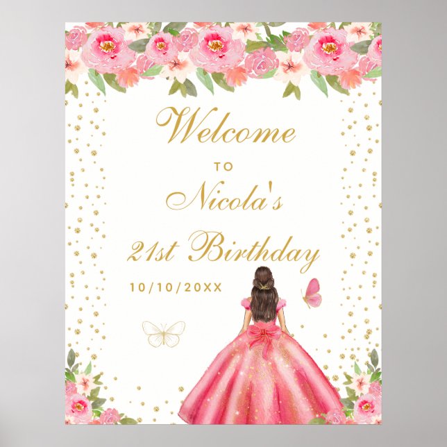Póster Chica de pelo castaño rosa Cumpleaños Bienvenida a (Frente)