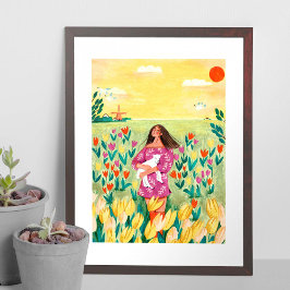 Póster Chica de pie en un campo tulipán holandés