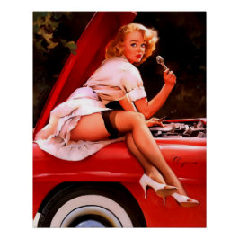 Póster Chica de Pinup mecánico de coches retro vintage