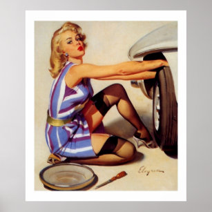 Póster Chica de Pinup mecánico de coches retro vintage