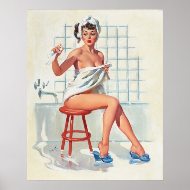 Póster Chica de pinzas retro de baño de pichón sexy (Frente)