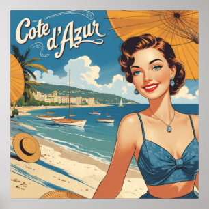 Póster Chica de playa de estilo vintage Cote D'Azur