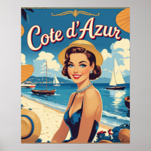 Póster Chica de playa de estilo vintage Cote D'Azur