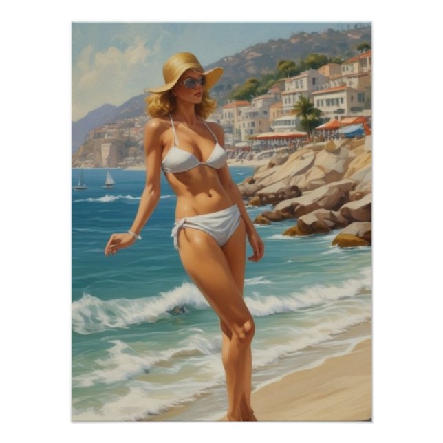 Póster Chica de playa de Viaje Riviera Francesa de Estilo (Anverso)