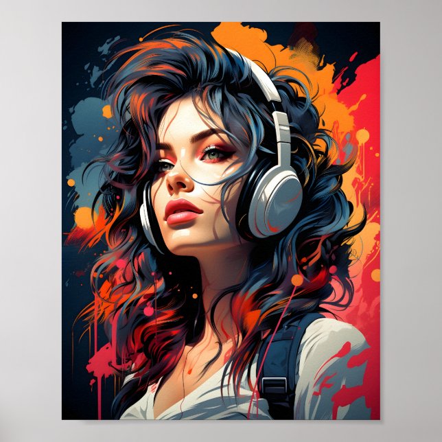Póster Chica De Punk De Sinthwave Art Nouveau Escuchando  (Frente)