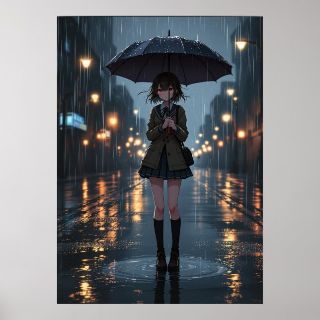 Póster Chica de Rainy Night Anime con paraguas (Frente)