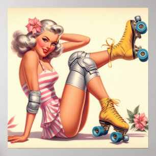 Póster Chica de rodillos retro