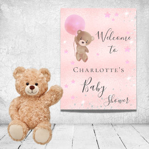 Póster Chica de shower de bebé oso de peluche rosa plata