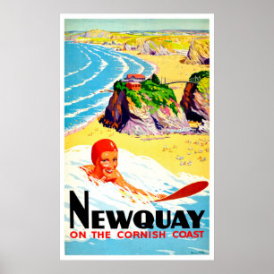 Póster Chica de surf en Newquay beach, Cornwall, vintage