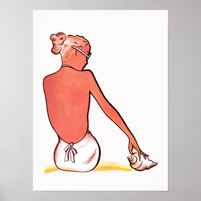 Póster Chica de veraneo retro de la playa de arena blanca (Frente)