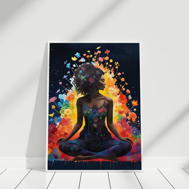 Póster Chica de yoga meditando flores en el universo (Yoga Girl Meditating Flowers Universe Poster in white frame against white wall.)