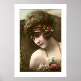 Póster chica deco, cuentas, flores sentadas en silla