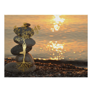 Póster Chica del árbol dorado Silueta Zen Stones,Atardece