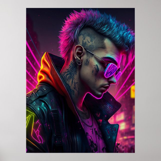 Póster Chica del Ciberpunk en la ciudad de neón (Frente)