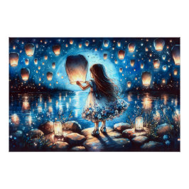 Póster Chica del Lago de Linterna bajo la Luz de la Luna